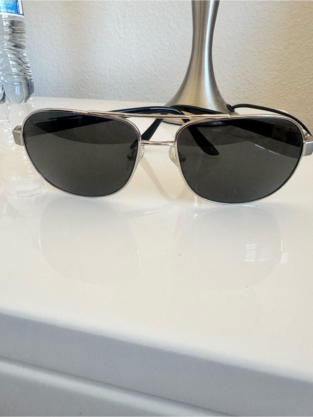 BVLGARI Men's Silver Aviator Sunglasses with Dark Lenses